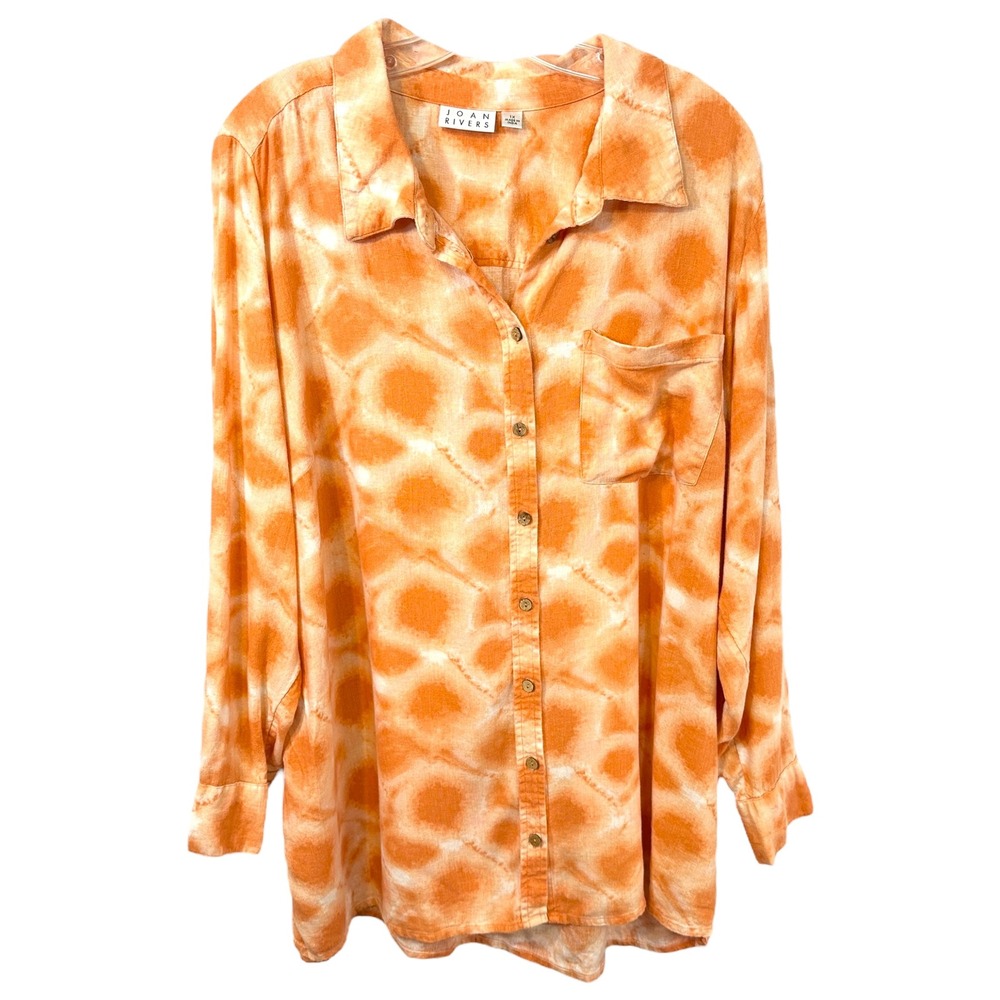 Joan Rivers‎ Plus Size 1X Tunic Top Linen Orange Button Long Sleeve Beach 399
